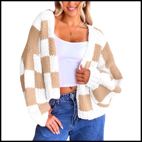Sweaters - Cropped Cardigan Sweater Open Front Chunky Knit Oversized Women's